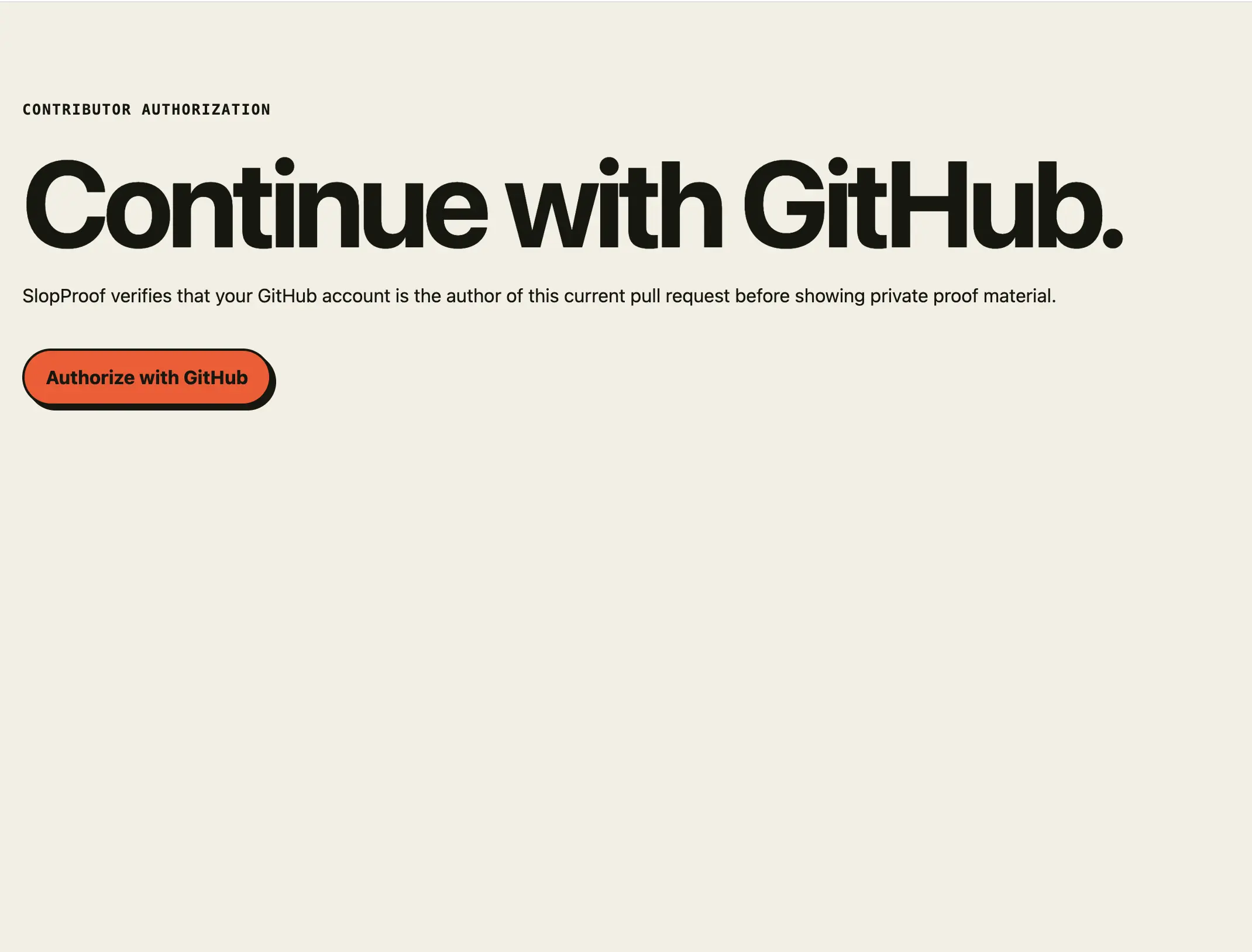SlopProof contributor authorization screen with a GitHub authorization button