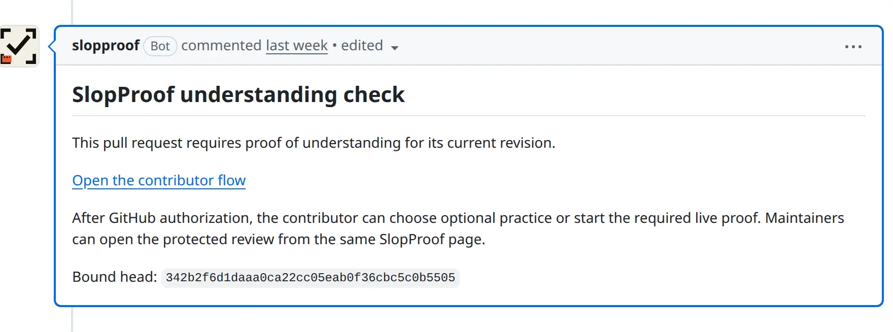 GitHub pull request comment from the SlopProof app, including its avatar and contributor-flow link