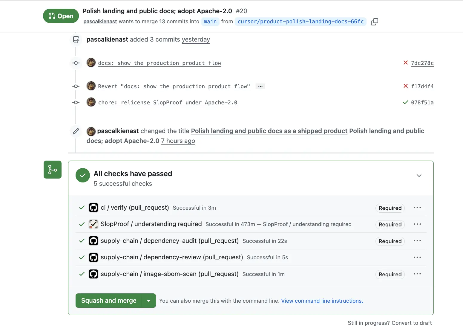 GitHub pull request with all required checks passed, including SlopProof understanding required