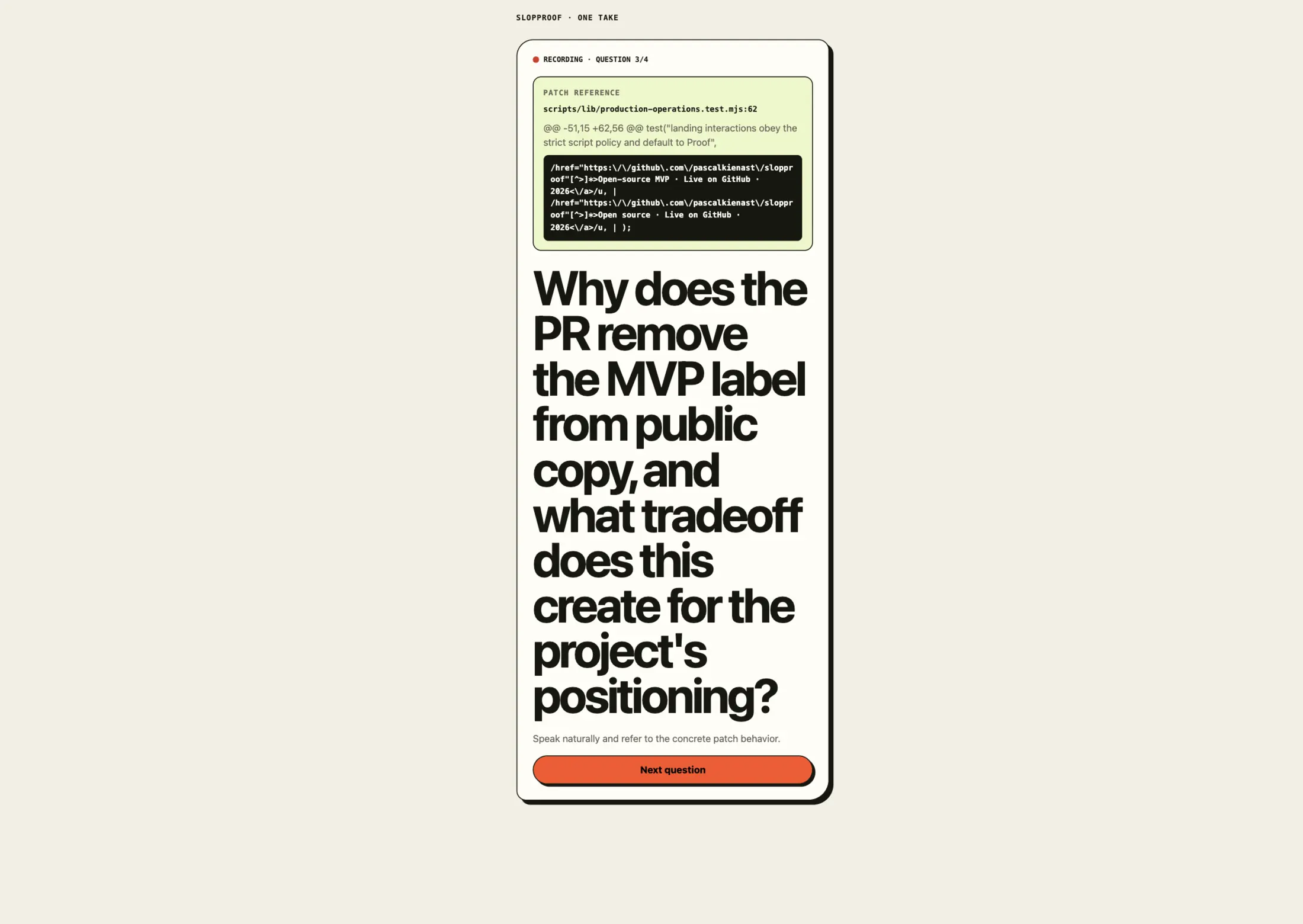 Production one-take proof showing a patch reference and a live question