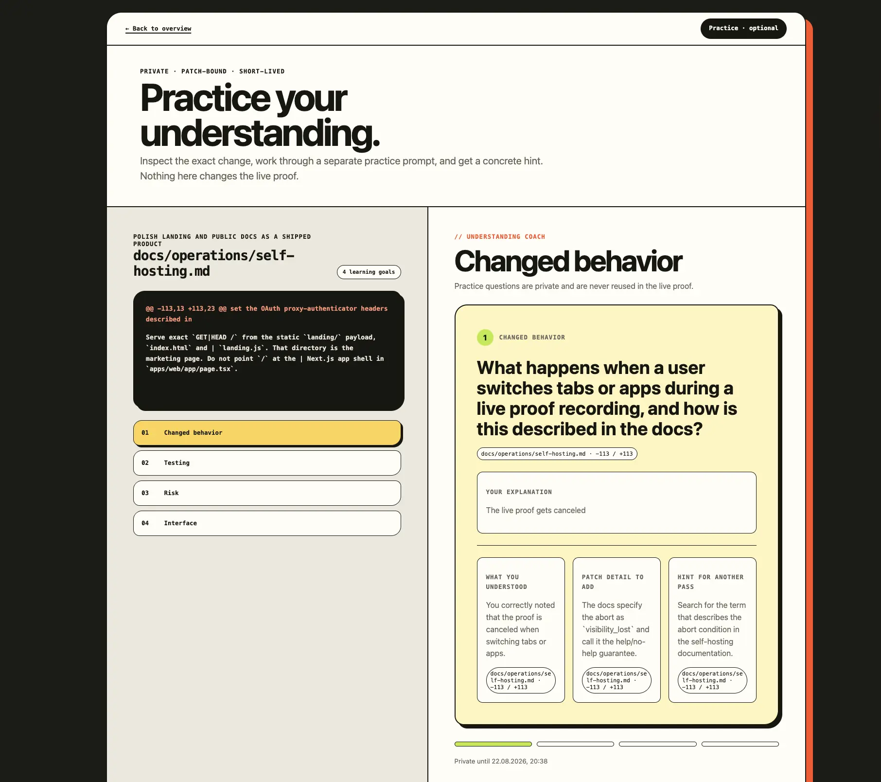 Production Practice page showing a patch map beside the understanding coach