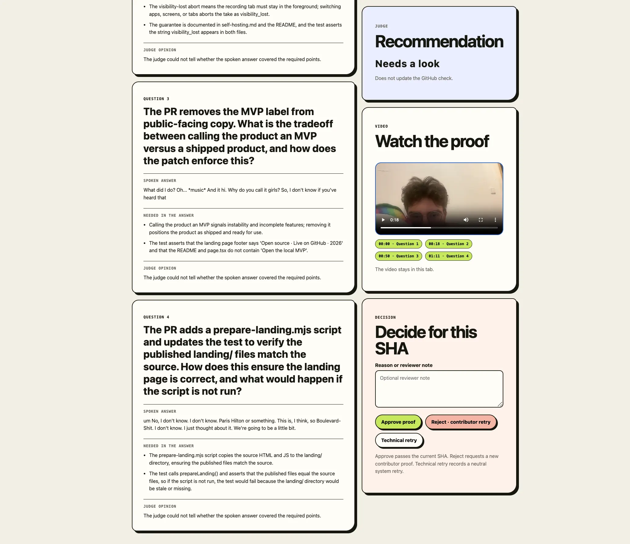 Production maintainer review with transcript, recommendation, video timestamps, and decision controls